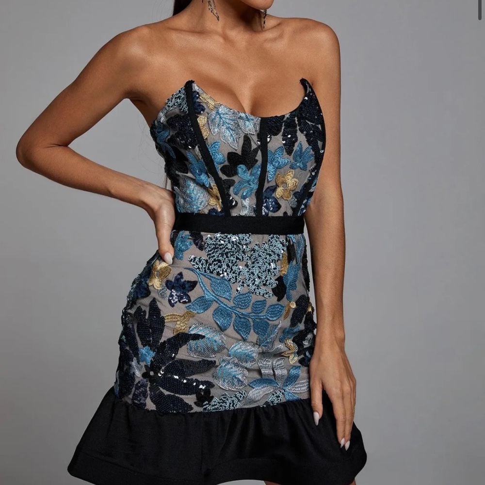 Floral Sequin Strapless Dress